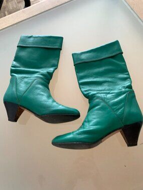 Vintage 70s Made in Italie all leather green kitten heels slouchy cowboy boots 3
